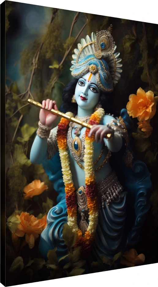 A serene digital painting of Lord Krishna with blue skin, holding a golden flute amidst golden flowers. | PrintPosters.in
